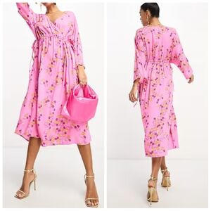 Y.A.S Ruched Side Midi Dress | Pink Floral Print | Size S | NWT